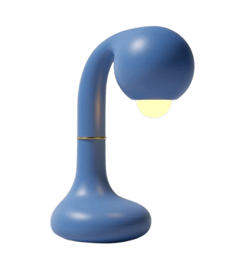 A blue table lamp with a curved neck and a spherical head. The lamp has a golden accent band around the neck and emits a warm yellow light from the head. The base is wide and flared, giving it stability. — 3D model