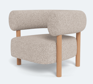 A single accent chair featuring a rounded, enveloping backrest and seat upholstered in a textured, light-colored boucle or similar fabric. The chair is supported by a minimalist frame constructed from light-toned wood, with four cylindrical legs extending from the base and two upright supports that integrate into the armrests and connect to the backrest. The design blends soft, organic curves with a clean, natural material aesthetic. — 3D model