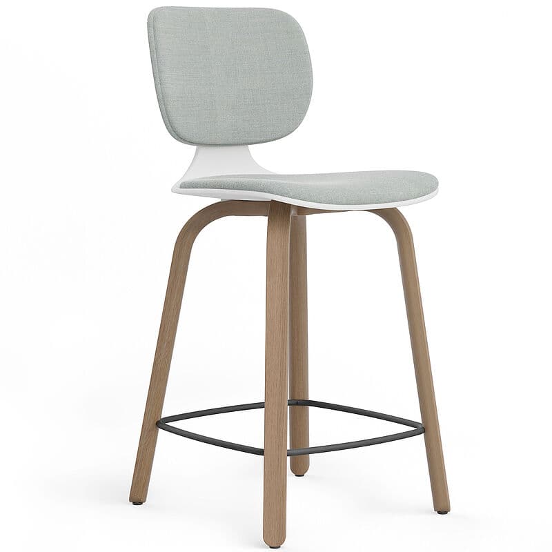 A modern bar stool featuring a curved backrest and seat upholstered in light gray fabric. The base consists of four wooden legs connected by a dark metal footrest. — 3D model