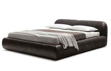 A low-profile upholstered platform bed featuring a padded, integrated headboard and bed frame. The bed is covered in a dark brown material, likely leather or faux leather, and exhibits smooth, rounded contours throughout its design. — 3D model