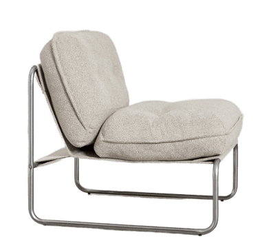 A modern armchair featuring a plush, upholstered seat and backrest supported by a sleek, tubular metal frame. The fabric has a textured, boucle-like appearance. The armchair lacks armrests and has a low-profile design. — 3D model
