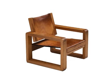 A sturdy lounge chair featuring a prominent wooden frame and distressed leather sling seat and backrest. The design emphasizes a rectilinear, architectural form with visible joinery. — 3D model