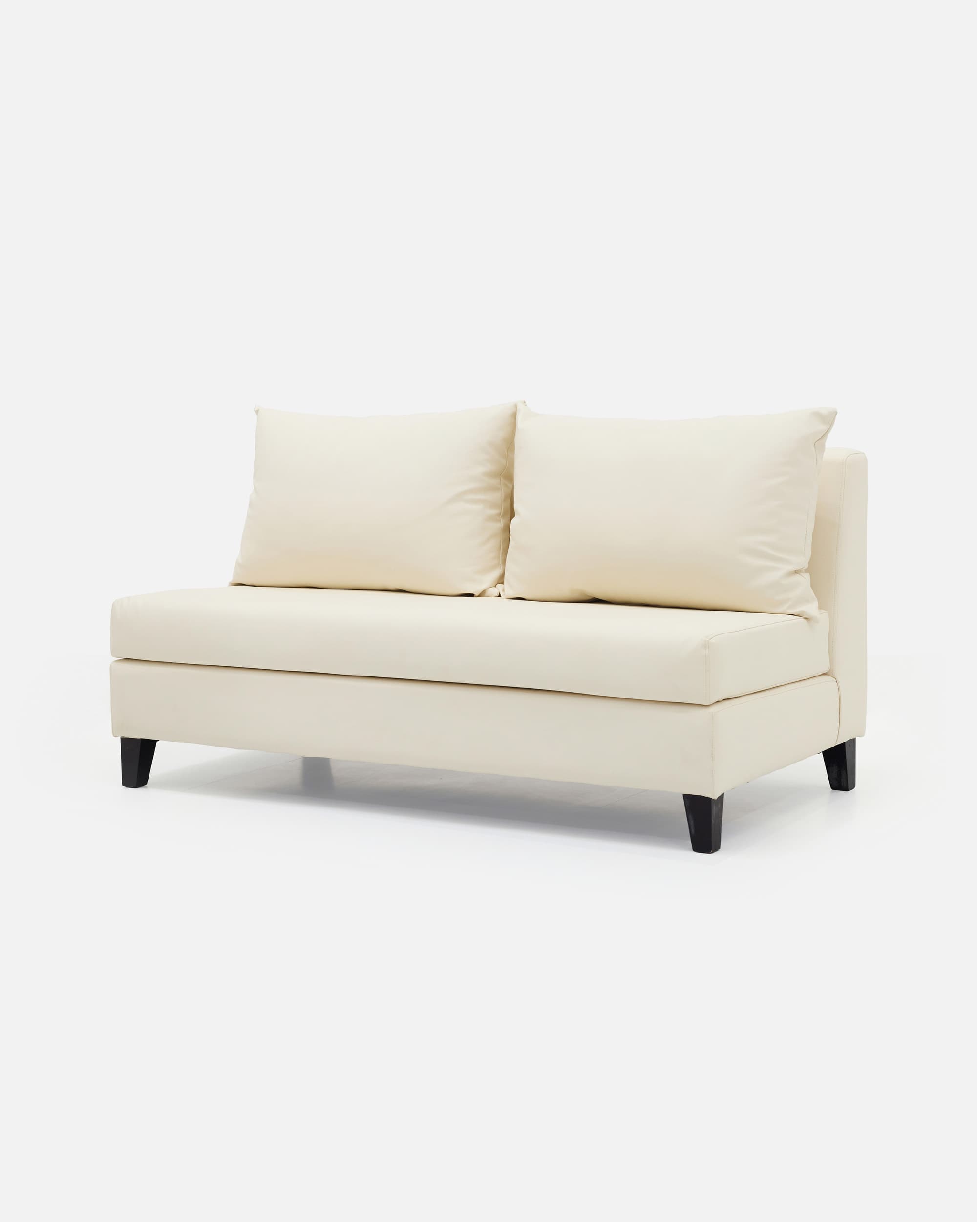 A cream-colored, armless two-seater upholstered seating unit, likely a component of a larger sectional sofa, featuring two back cushions and four tapered black wooden legs. — 3D model