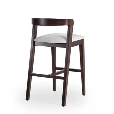 A close-up view of a chair, focusing on the armrest, back support, and seat. The chair features a dark wood frame with a curved, integrated armrest. The seat is upholstered in a light-colored fabric with a subtle woven texture. — 3D model