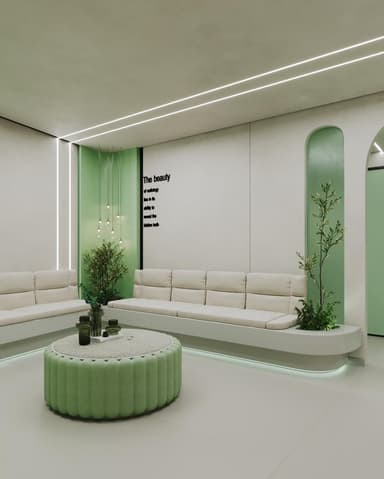 A circular upholstered ottoman featuring a distinct fluted base design in sage green fabric and a contrasting light beige padded top surface. — 3D model