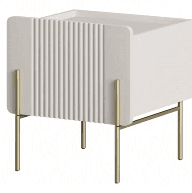 A contemporary nightstand featuring an off-white main body with a vertically fluted front panel and supported by slender, golden metallic legs. — 3D model