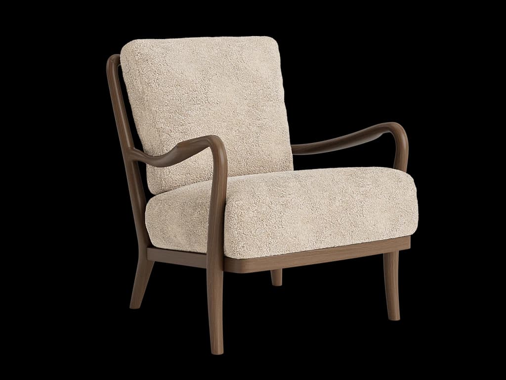 A wooden armchair with upholstered seat, back, and armrests. The frame is constructed from dark wood with a visible grain. The upholstery is a textured, boucle-like fabric in a light beige or cream color. — 3D model