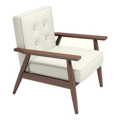 A stylish mid-century modern lounge chair featuring an exposed dark wooden frame and light-colored upholstered cushions. The chair has straight, flat wooden armrests and tapered, angled legs. The back and seat cushions are neatly upholstered with visible piping along the edges, suggesting a comfortable yet minimalist design. — 3D model