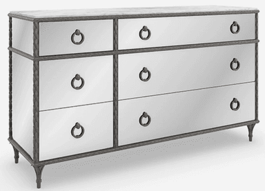 A sophisticated chest of drawers featuring a mirrored body, a white marble top, and a distinctive rope-twist metal frame. It comprises six drawers with dark ring pull handles, resting on tapered metal legs. — 3D model