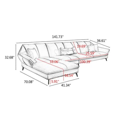 A modern sectional sofa with a chaise lounge. The sofa features multiple seating sections and is upholstered in a light-colored material, likely leather or a high-quality synthetic. It includes several accent pillows, two of which are a contrasting orange-brown color, and one is a patterned pillow with cream and orange hues. The sofa has a low profile with thin, metal legs. The backrests and seat cushions are segmented with stitching details, contributing to a contemporary aesthetic. — 3D model
