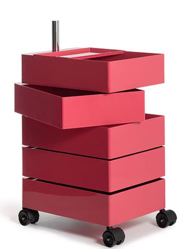 A modern, mobile storage unit featuring multiple rectangular, open-top compartments stacked vertically on a central axis. Each compartment swivels independently for access. The unit is supported by a base with four casters, making it portable. It is finished in a vibrant coral red hue, with a metallic rod extending from the top. A small, matching tray rests on the top compartment. — 3D model