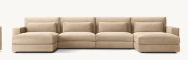 A large, contemporary U-shaped modular sectional sofa upholstered in a light beige fabric. It features clean lines, low-profile block arms, and multiple plush seat and back cushions. The configuration includes a main sofa body with two ottoman-like extensions on either side, creating a spacious lounging area. — 3D model