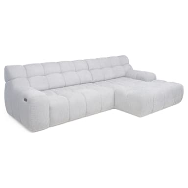 The image shows the back view of a contemporary sectional sofa module. It is upholstered in a light gray, subtly textured fabric. The backrest features horizontally segmented panels along the top, suggesting individual plush cushions or a channeled design. A clear vertical seam down the center indicates it is either a two-seater back or two joined modules. The base is low-profile with small, dark feet. — 3D model