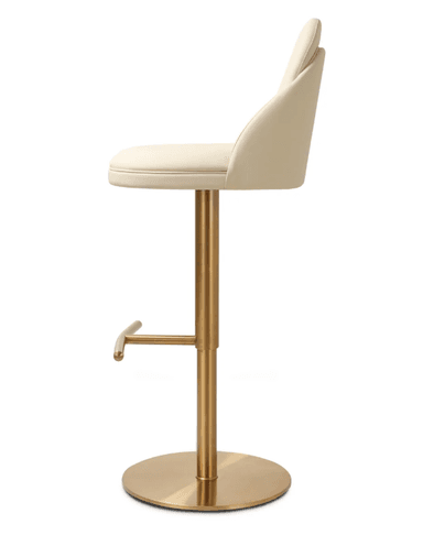 A modern bar stool featuring a cream-colored upholstered seat and backrest, mounted on a brushed brass-finished metallic base. The seat has a rounded, gently curved backrest, offering partial arm support. The central column is height-adjustable via a lever located beneath the seat. A circular footrest extends from the column, and the stool rests on a flat, circular base. — 3D model