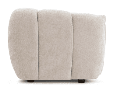 A long, rectangular upholstered ottoman featuring vertical channel tufting across its entire surface. The piece has soft, rounded ends and is covered in a light, neutral-toned fabric, possibly a linen or boucle. It rests on very low-profile, inconspicuous feet. — 3D model