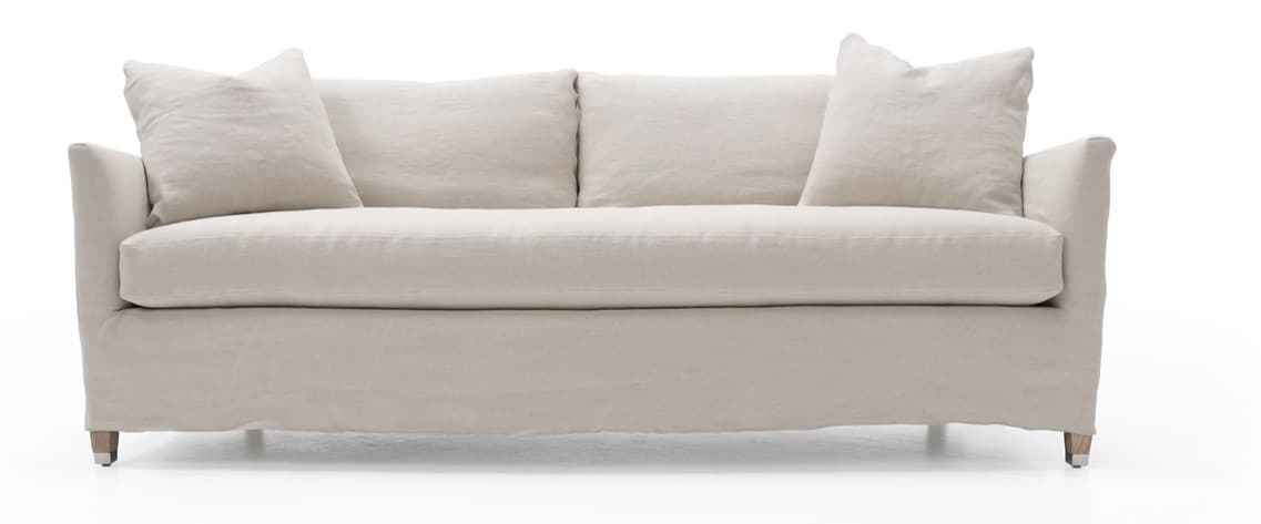 A sofa with a slipcover design, featuring a neutral-toned fabric. It has a straight back and armrests, with three seat cushions and two back cushions. The sofa rests on short, visible legs. — 3D model
