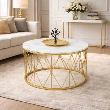 A contemporary round coffee table featuring a polished white marble top and a metallic gold-finished base constructed from slender, interconnected metal rods forming an intricate geometric pattern. The table's design suggests a blend of modern elegance and glamorous aesthetics. — 3D model