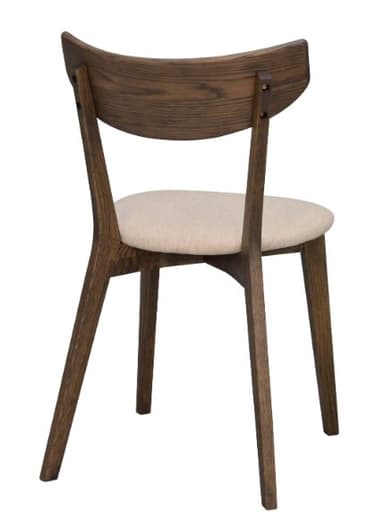 A modern armless dining chair featuring a dark-stained wooden frame, an upholstered seat in a light beige fabric, and a gently curved backrest. The legs are tapered, and the overall design is sleek and contemporary. — 3D model
