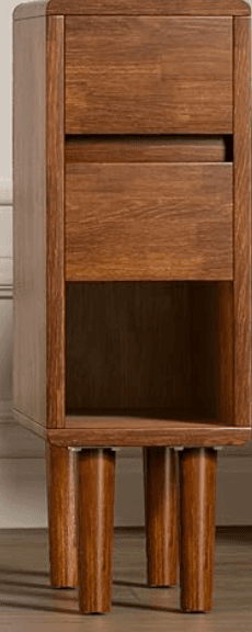 A compact, rectangular nightstand made of wood with a rich brown finish. It features a single drawer at the top and an open shelf below. The unit is supported by four tapered legs that angle outwards, giving it a mid-century modern aesthetic. — 3D model