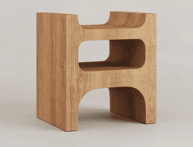 A modern stool with a distinctive hollow design. It features a solid top surface and two vertical supports, each with a large rectangular cutout. The supports curve inwards at the base to form short legs. The wood grain pattern is visible throughout the piece, suggesting a wood or wood-like composite material. — 3D model