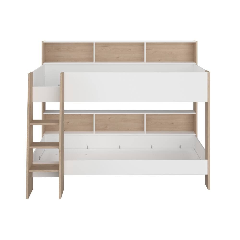 A white and light wood bunk bed with a ladder on the left side. The bunk bed features integrated shelving units above both the upper and lower sleeping areas. The frame is constructed from a combination of white panels and light-colored wood elements. — 3D model