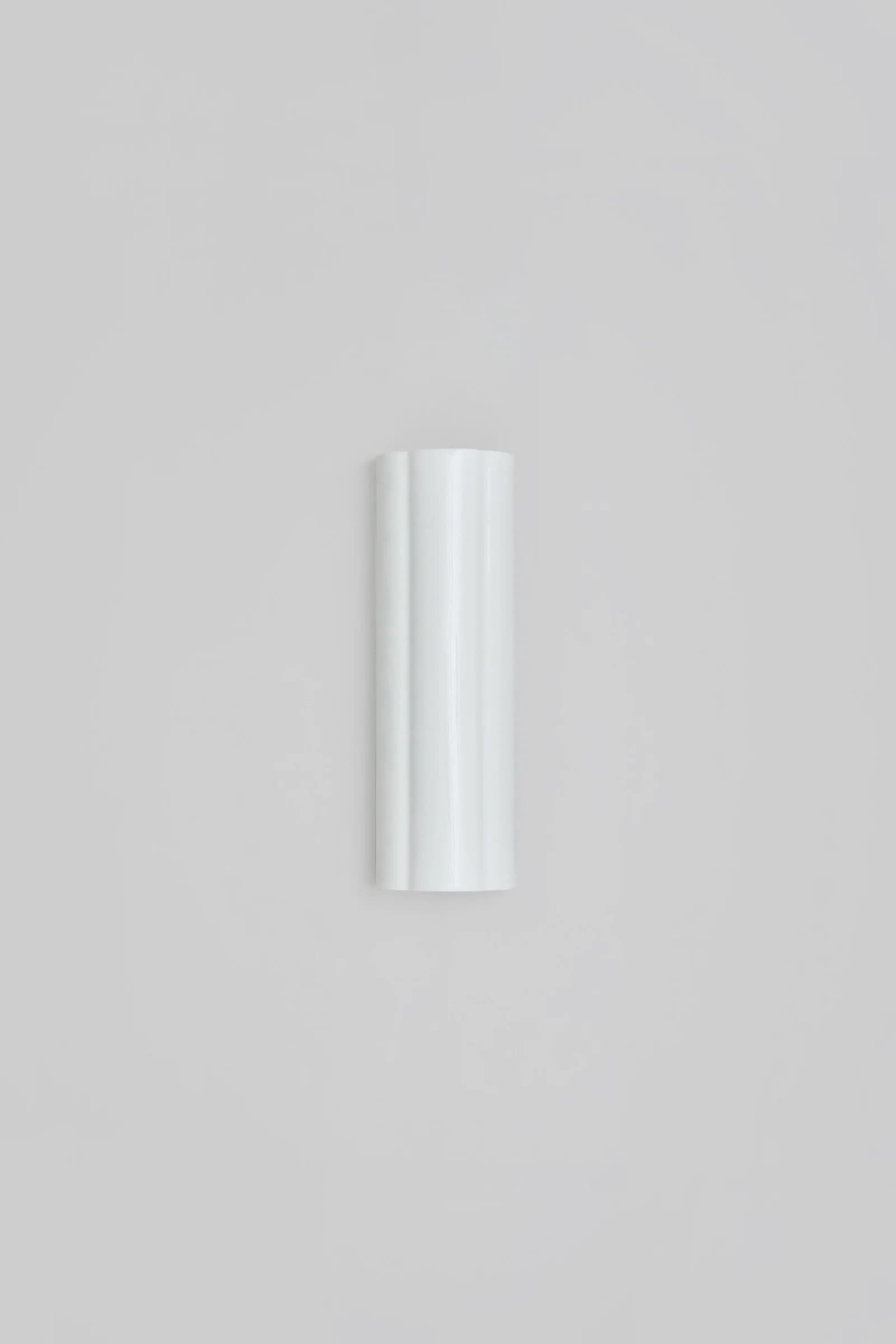 A vertical, cylindrical wall-mounted light fixture featuring a prominent fluted or ribbed design on one side. The fixture is finished in a uniform matte white, suggesting a minimalist and contemporary aesthetic. It is designed to provide indirect illumination, likely casting light upwards or downwards along a wall, depending on its orientation. — 3D model