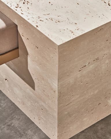 A contemporary bench featuring two rectangular, textured travertine stone bases supporting a horizontal upholstered seat. A thin, metallic frame, possibly brass or gold-toned, is visible beneath the cushion, connecting the two stone supports. The travertine exhibits natural pitting and veining characteristic of the material. The seat cushion is a neutral, light-colored fabric. — 3D model