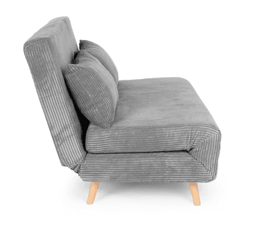 A modern grey corduroy sofa bed with an armless design, featuring a ribbed textile texture, two loose back cushions, and four light-toned wooden tapered legs. — 3D model