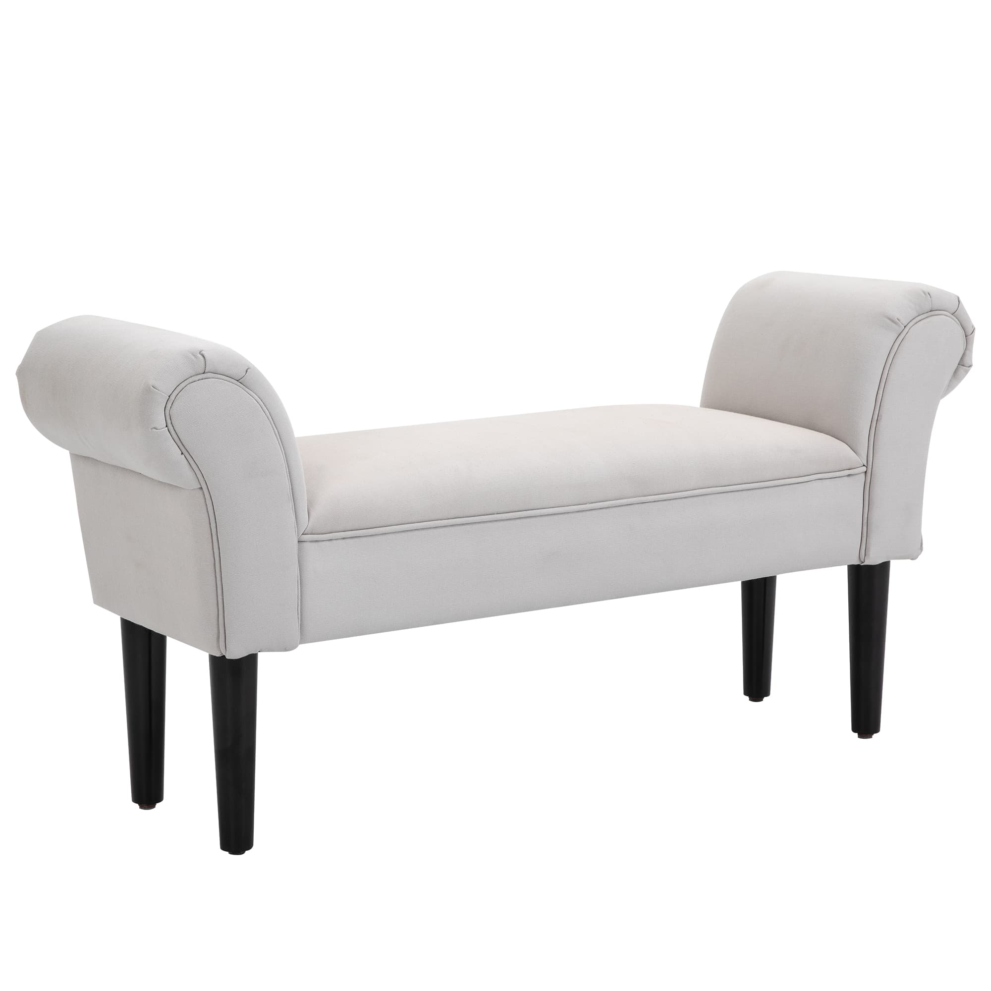 An upholstered bench featuring rolled armrests, a rectangular seat, and four tapered wooden legs. The entire body, including the arms, is covered in a light gray fabric, and the legs are finished in black. — 3D model