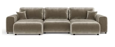 A modular sectional sofa with a low profile and deep seating. The sofa features plush, square cushions for the backrests and seat. It has a chaise longue section and appears to be upholstered in a soft, textured fabric. — 3D model