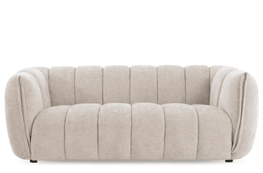 A long, rectangular upholstered ottoman featuring vertical channel tufting across its entire surface. The piece has soft, rounded ends and is covered in a light, neutral-toned fabric, possibly a linen or boucle. It rests on very low-profile, inconspicuous feet. — 3D model
