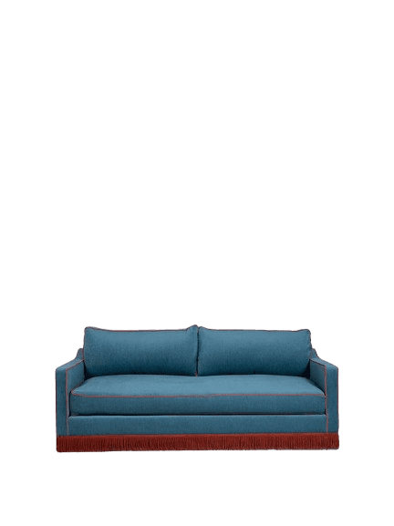 A medium-sized, upholstered sofa with a rectangular silhouette and two back cushions. The sofa features a striking contrasting trim along the edges of the seat and armrests, and a decorative fringe along the bottom front. The upholstery appears to be a textured fabric. — 3D model