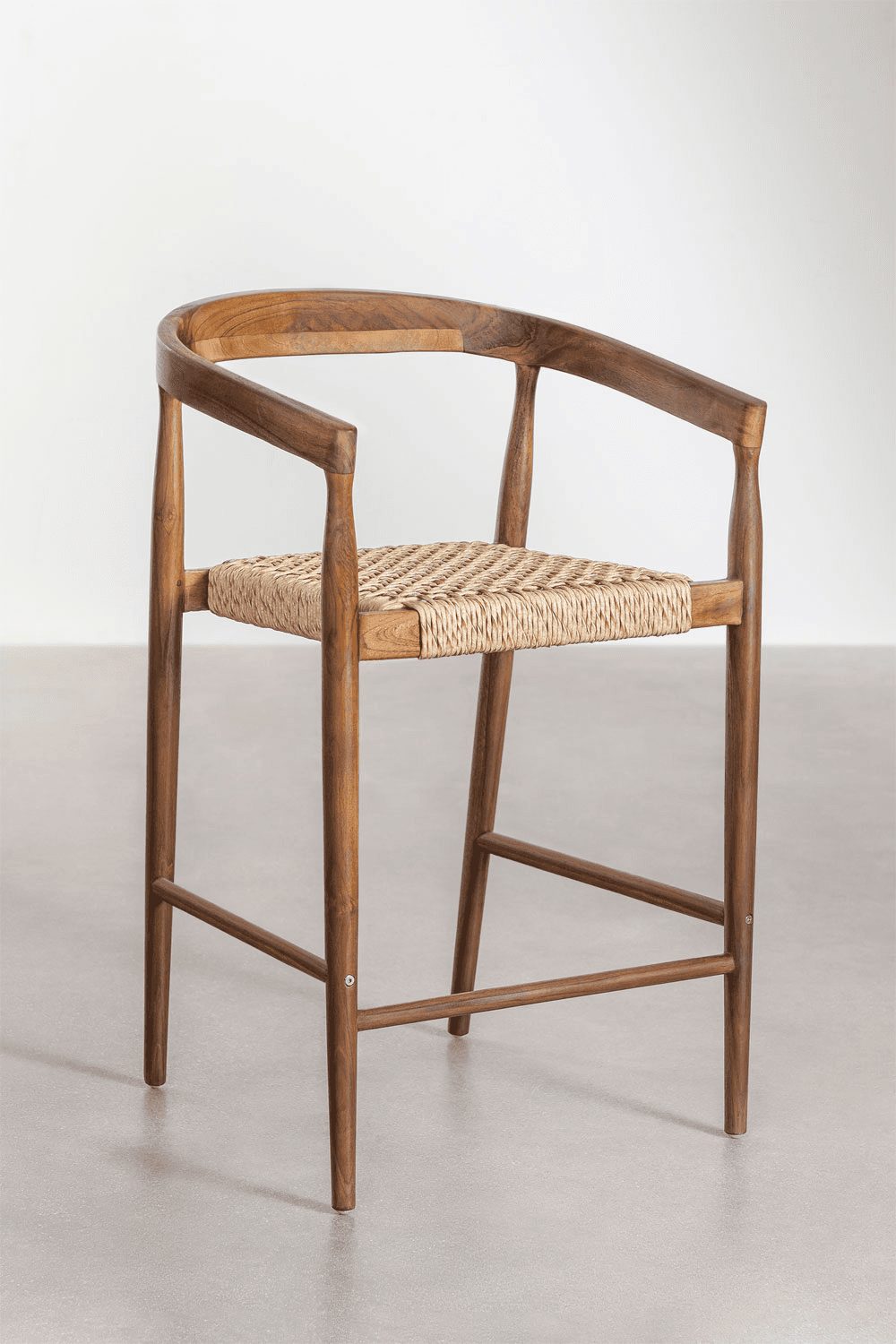 A wooden armchair with a curved backrest and armrests. The seat is made of woven natural fibers. The chair has four legs connected by crossbars for stability. — 3D model