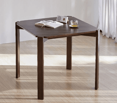 A small, contemporary accent table crafted from dark wood or wood-look material, featuring a unique octagonal tabletop created by cutting the corners of a square. The table stands on four sturdy, straight rectangular legs that seamlessly integrate with the underside of the tabletop. — 3D model