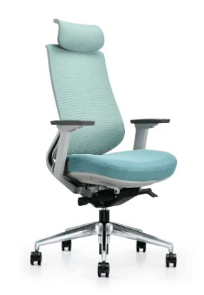 A modern ergonomic office chair with a high back, integrated headrest, and padded seat. It features adjustable armrests, a wheeled base for mobility, and a tilt mechanism. The seat and backrest are upholstered in a textured mesh fabric, and the seat cushion is made of a denser upholstered material. — 3D model