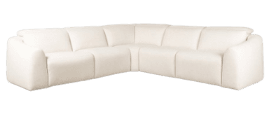 An off-white, L-shaped modular sectional sofa featuring multiple upholstered sections that connect to form a cohesive seating arrangement. The sofa has a low profile, deep seating cushions, and gently curved armrests at its ends. Its design emphasizes soft lines and a contemporary aesthetic, upholstered in a textured fabric. — 3D model