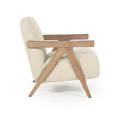 A modern armchair with a rounded backrest and seat, featuring wooden armrests and legs. The upholstery appears to be a textured, light-colored fabric. The wooden frame has a visible grain and a natural finish. The design incorporates angled wooden supports for the armrests and legs, giving it a distinctive silhouette. — 3D model