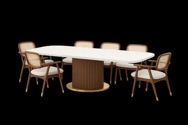 A contemporary dining set featuring an oval white tabletop, supported by a fluted cylindrical wooden pedestal base with a brass accent plate. The set includes six dining chairs with curved wooden frames, natural cane backrests, and upholstered light-colored seats, finished with brass caps on their tapered legs. — 3D model