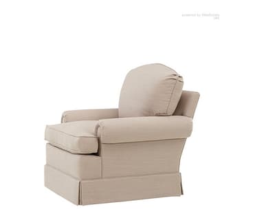 A traditional upholstered armchair featuring a classic silhouette. It has rolled arms, a rounded backrest, and a loose seat cushion. The base is covered with a tailored skirt, giving it a soft and cohesive appearance. The chair is upholstered in a light, neutral-toned woven fabric. — 3D model