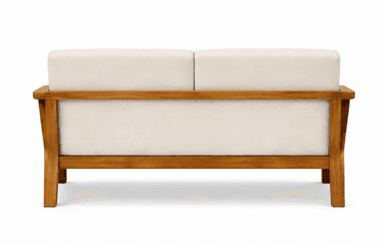 A two-seater sofa with a wooden frame and upholstered cushions. The frame appears to be constructed from natural wood, possibly teak or acacia, with a smooth finish. The seat and backrest are covered in white, upholstered cushions, divided into two sections for seating. The design is simple and modern, suitable for outdoor or indoor use. — 3D model