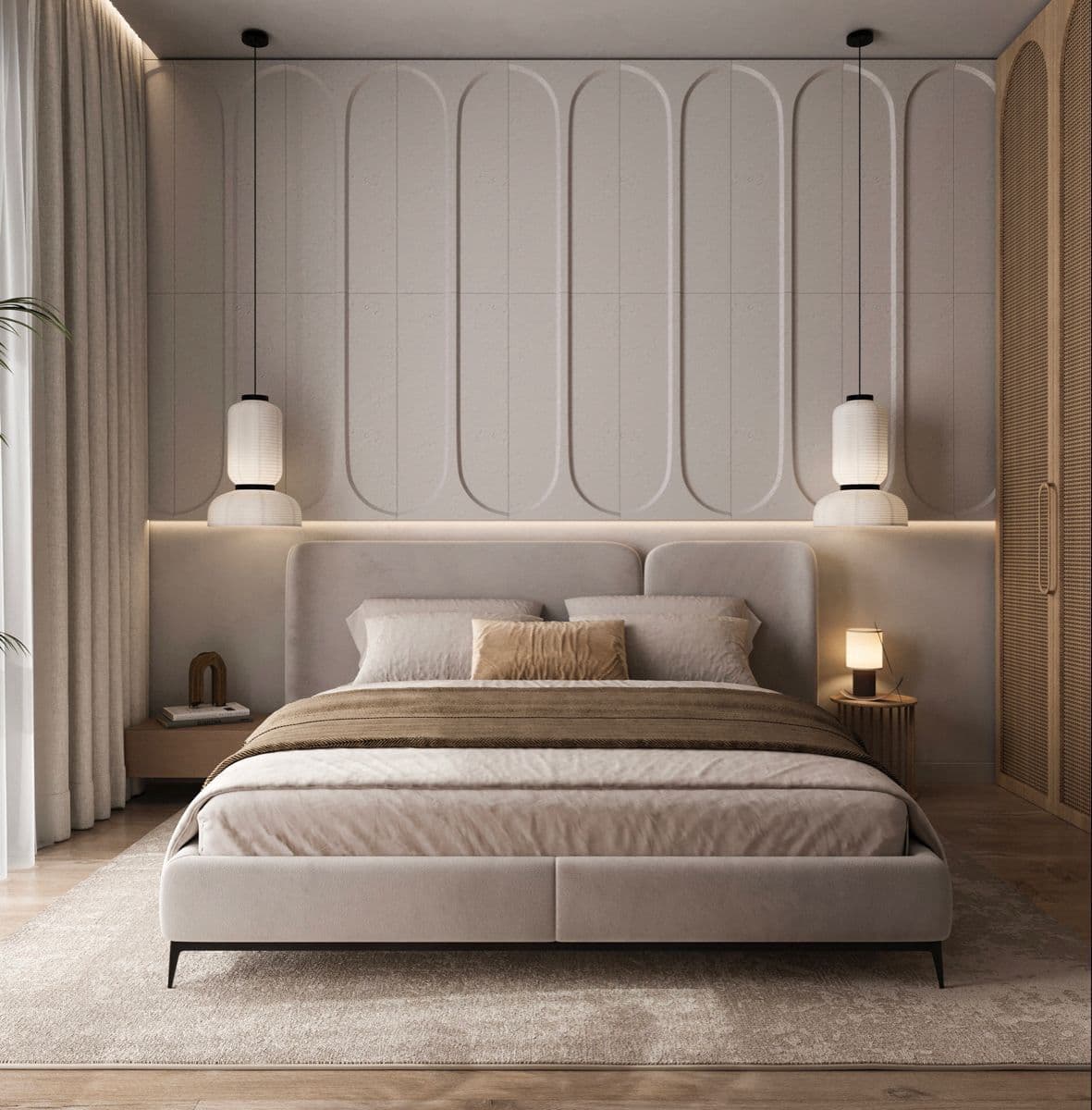 A contemporary upholstered platform bed featuring a distinctive split headboard with rounded, curved edges. The entire bed frame, including the headboard and side rails, is covered in a light beige or taupe fabric. It stands on four slender, minimalist black metal legs. The bed is dressed with light beige bedding and a brown throw blanket, along with multiple pillows in coordinating neutral tones. — 3D model