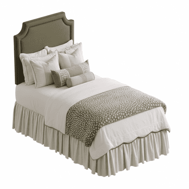 A fully dressed bed featuring an upholstered headboard with a shaped top and winged sides. The headboard is covered in a textured olive green fabric. The bed is adorned with white primary bedding, a patterned olive green and white throw blanket, and several decorative pillows in various sizes and patterns, including light blue, beige, and patterned grey bolsters. A ruffled bed skirt in a light beige/cream color completes the ensemble, concealing the bed frame. — 3D model