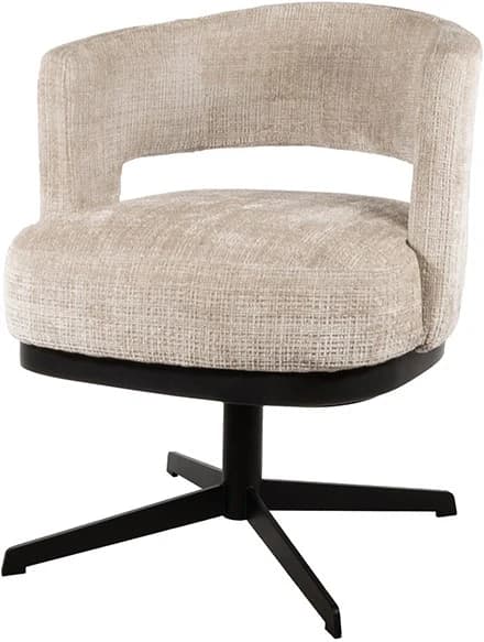 A modern armchair with a upholstered seat and backrest, featuring a cut-out detail in the back. The chair has a swiveling base with four legs. — 3D model