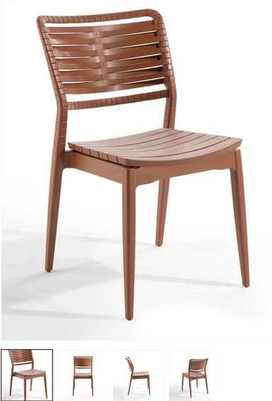 A modern side chair constructed from a single molded material, likely polypropylene, featuring a slatted seat and backrest, presented in a warm terracotta or reddish-brown color. — 3D model