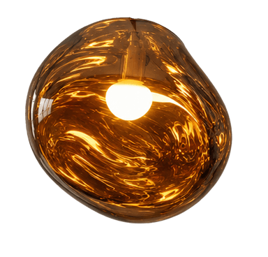 A close-up view of an organic-shaped pendant light featuring a translucent amber glass shade with a distinctive melted or rippled effect. A clear, round light bulb is visible inside the shade, emitting a warm glow. The top of the shade appears to be secured by a minimalist brass or gold-toned fixture. The light exhibits an irregular, fluid form, suggesting a hand-blown or sculpted glass design. — 3D model