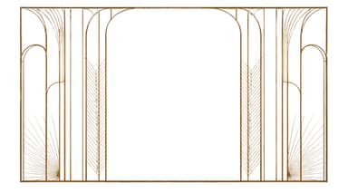 A rectangular decorative panel, likely metal, featuring intricate Art Deco-inspired geometric and arched motifs. The design includes fan-like patterns and vertical bars, all in a uniform golden finish. It appears to be a section of a larger screen or room divider. — 3D model