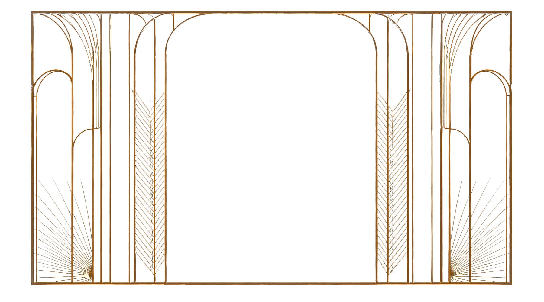 A rectangular decorative panel, likely metal, featuring intricate Art Deco-inspired geometric and arched motifs. The design includes fan-like patterns and vertical bars, all in a uniform golden finish. It appears to be a section of a larger screen or room divider. — 3D model