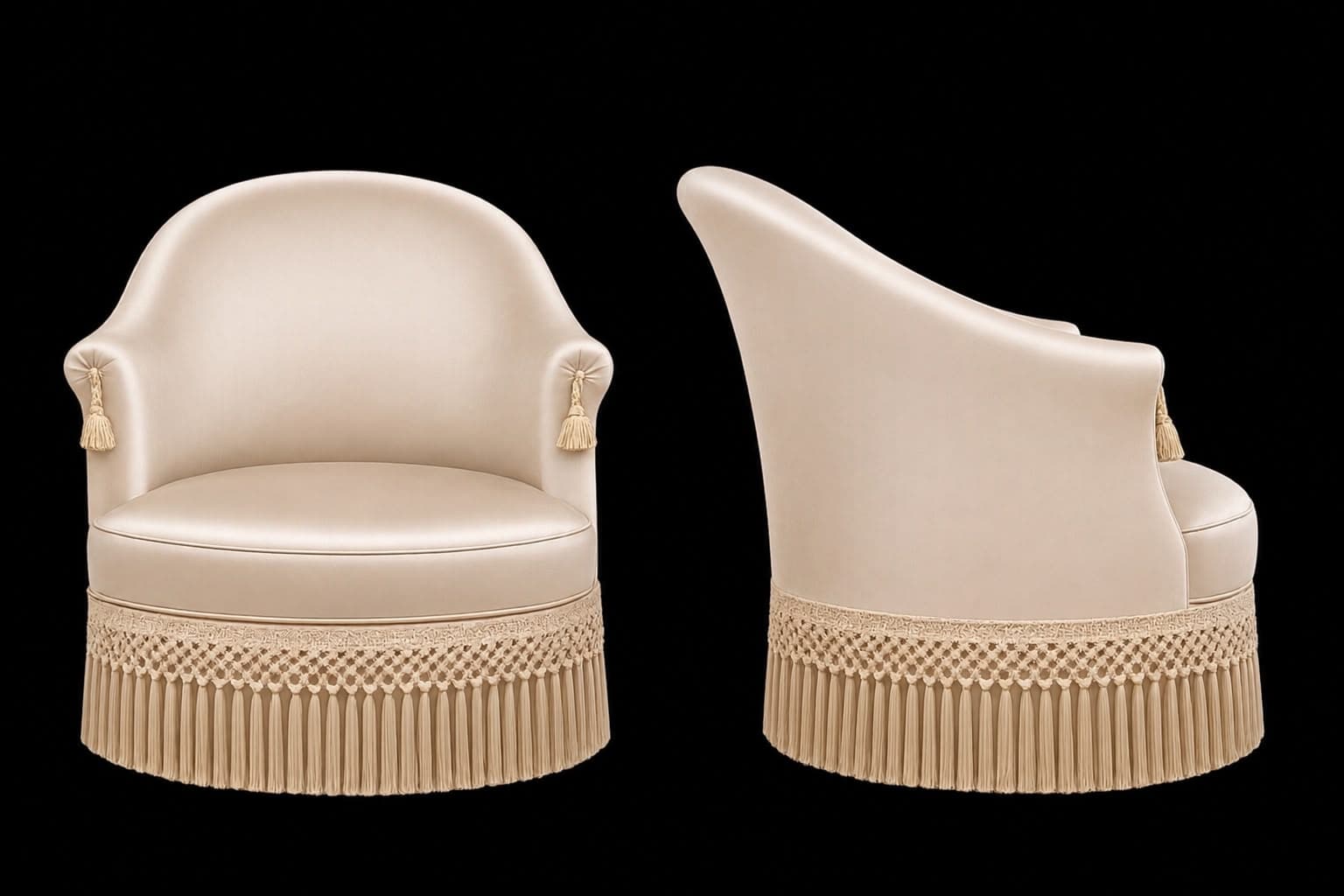 A compact, rounded armchair upholstered in a smooth, light beige fabric, featuring small integrated armrests with decorative tassels and a deep fringed skirt covering the base. — 3D model