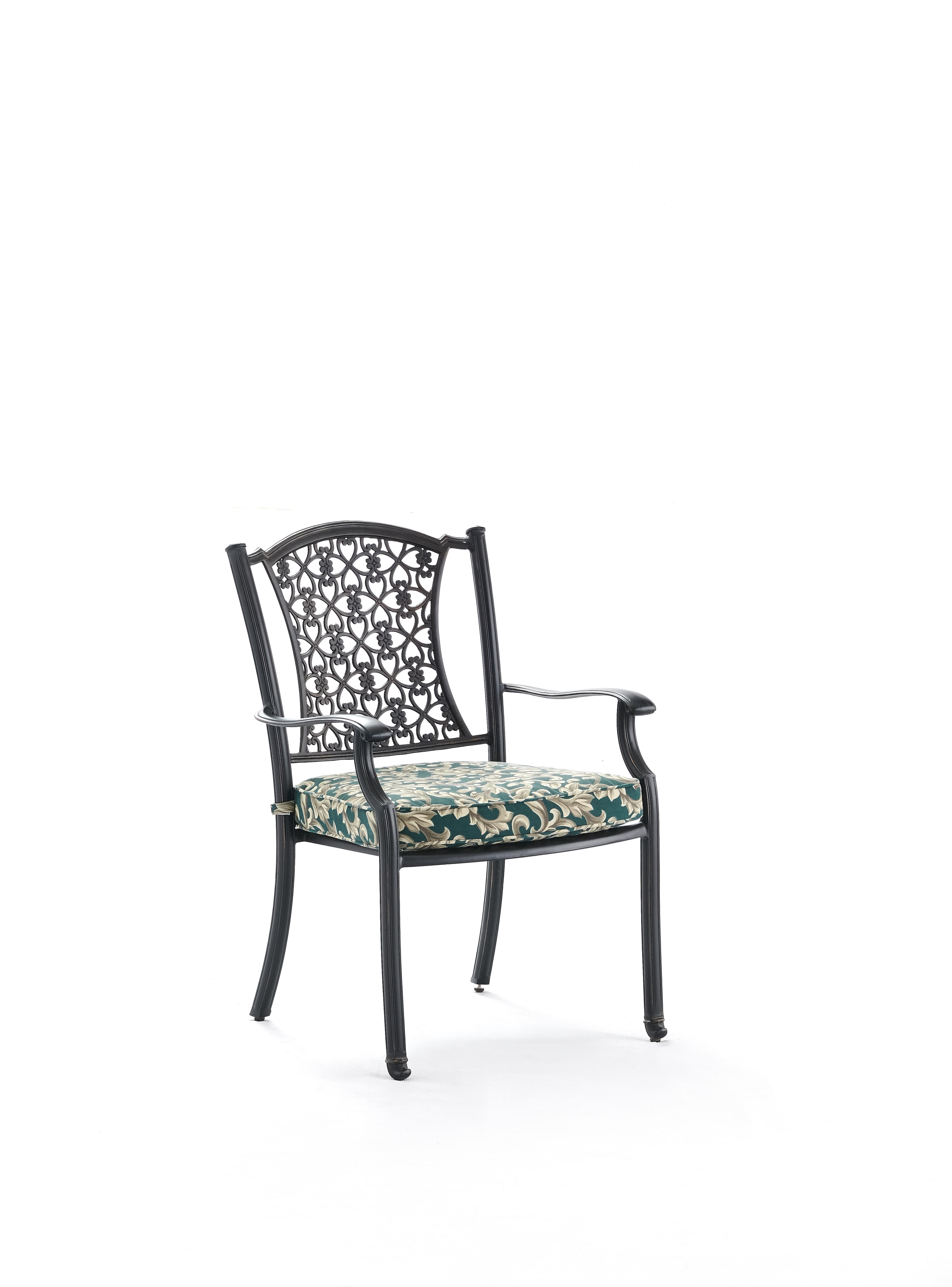 A dark-toned cast aluminum outdoor armchair with an ornate openwork backrest and armrests, featuring a removable padded seat cushion upholstered in a green and beige floral patterned fabric. — 3D model