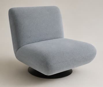 A contemporary armless swivel lounge chair upholstered in a light blue-gray fabric, featuring a low profile and a comfortable, rounded form resting on a black circular swivel base. — 3D model